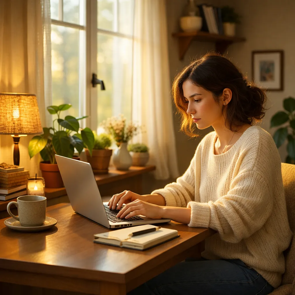 Mulher trabalhando organizada em seu laptop